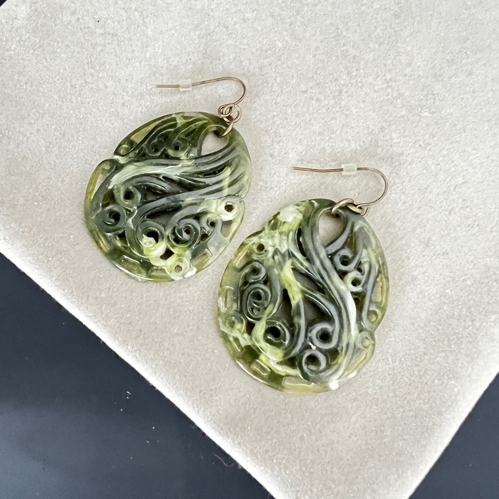 Olive green paisley drop earrings
